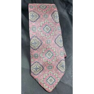 Damon Men's Silk Tie Burgundy Blue Tan Medallion Slip Stitch Made in USA Vintage
